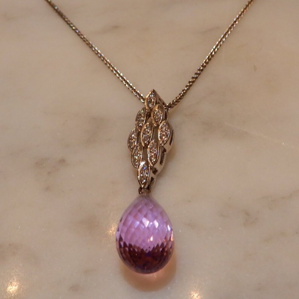Amethyst Briolette Pendant on a Silver Wheat Chain